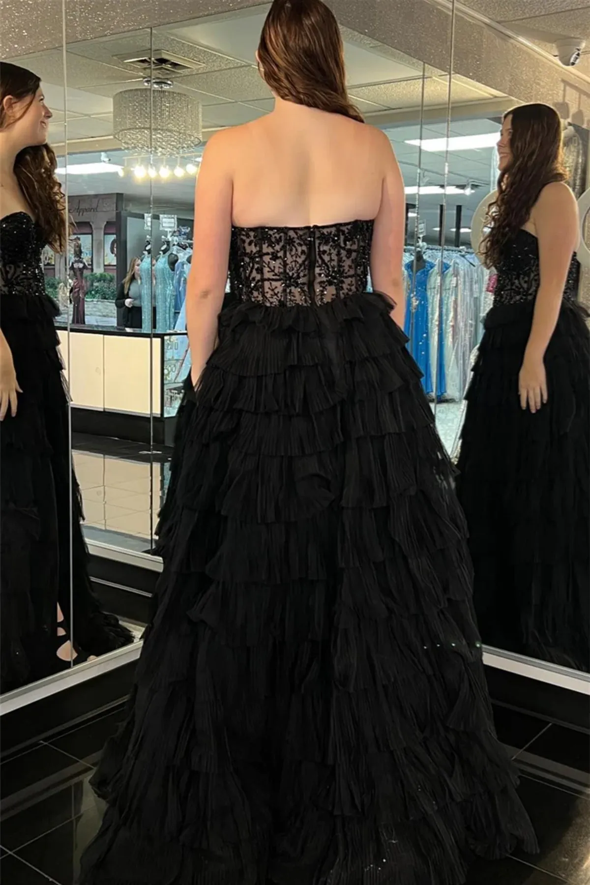 Strapless Black Lace Long Prom Dress with High Slit, Black Lace Formal Dress, Black Evening Dress A1931