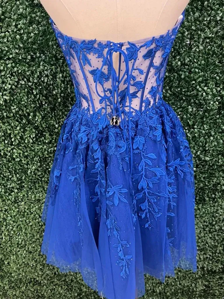 Strapless Blue/Pink Lace Short Prom Dresses, Strapless Blue/Pink Lace Short Formal Evening Homecoming Dresses