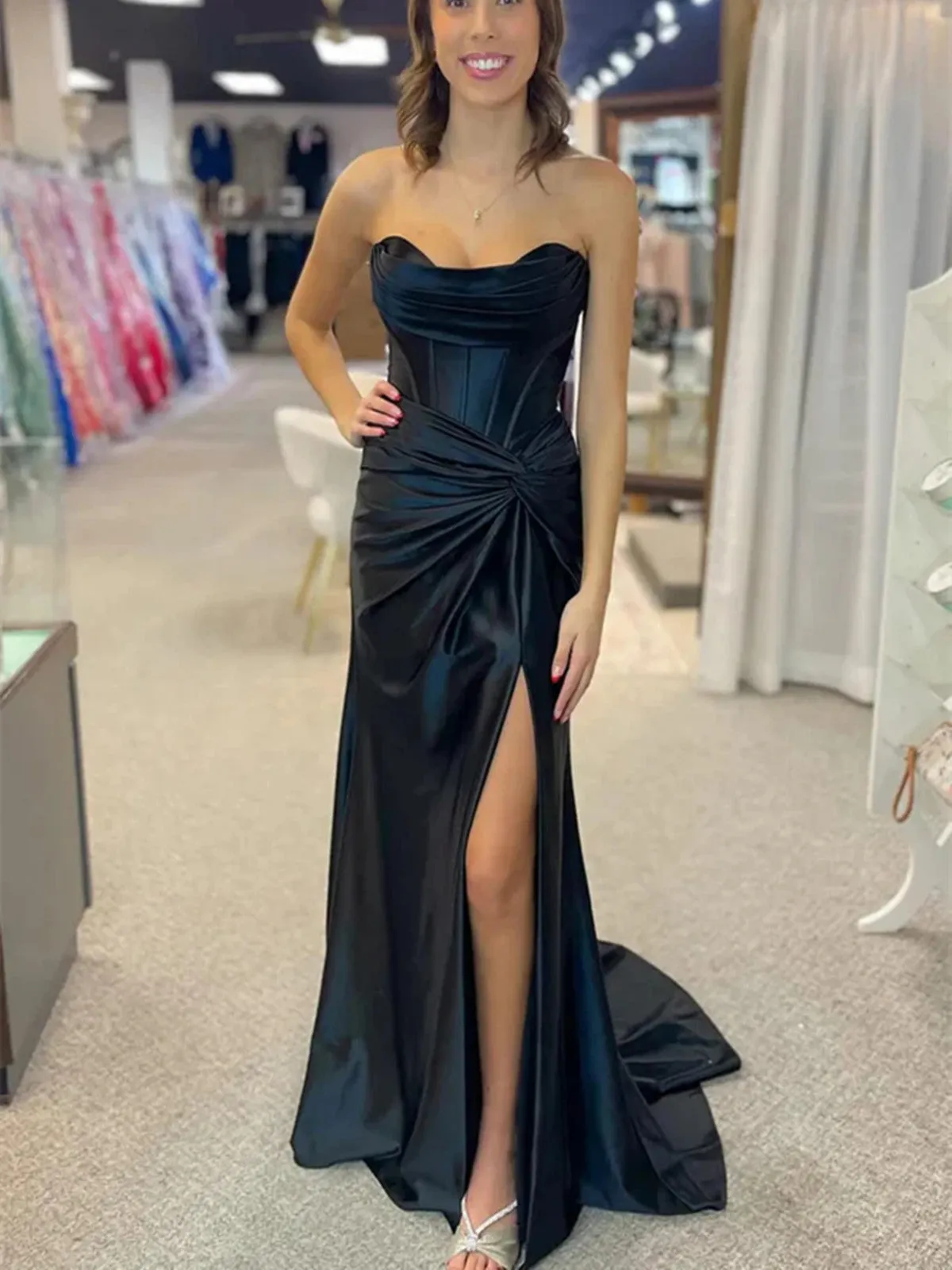 Strapless Mermaid Black Satin Long Prom Dresses with High Slit, Mermaid Black Formal Graduation Evening Dresses