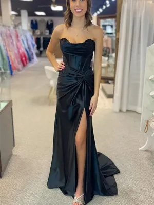Strapless Mermaid Black Satin Long Prom Dresses with High Slit, Mermaid Black Formal Graduation Evening Dresses