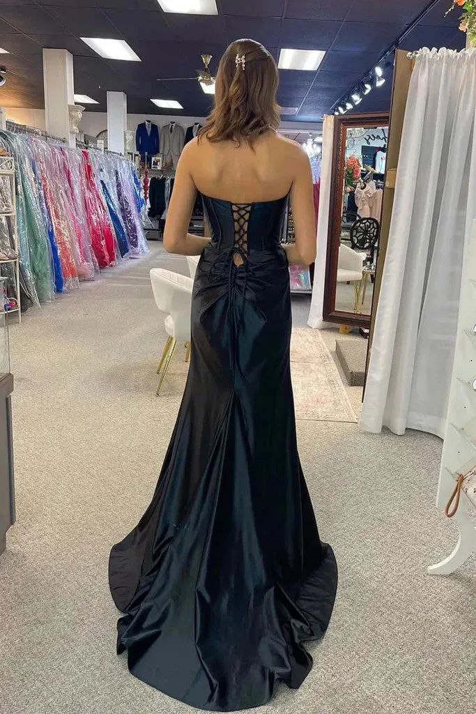 Strapless Mermaid Black Satin Long Prom Dresses with High Slit, Mermaid Black Formal Graduation Evening Dresses