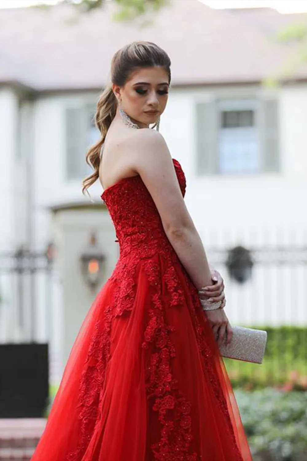 Strapless Red Lace Long Prom Dress with Train, Long Red Lace Formal Evening Dress