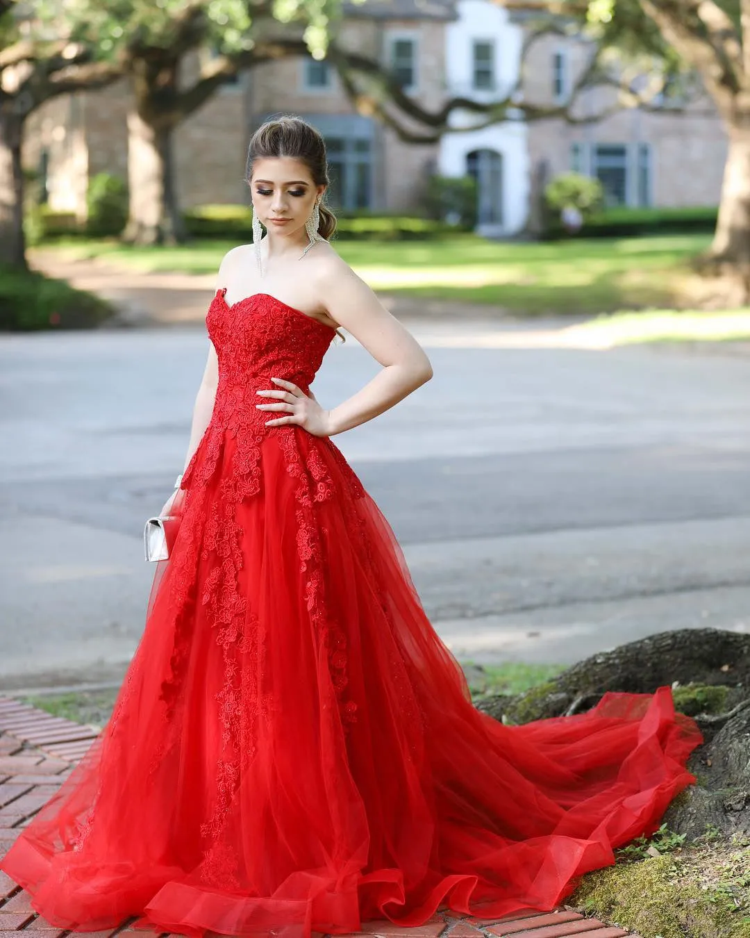 Strapless Red Lace Long Prom Dress with Train, Long Red Lace Formal Evening Dress