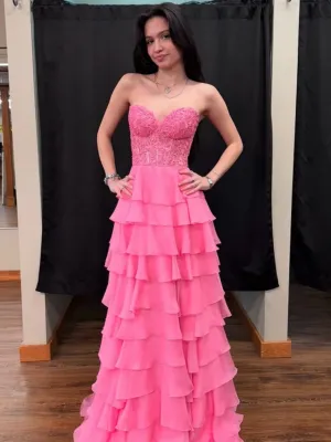 Strapless Sweetheart Neck Layered Hot Pink Lace Long Prom Dresses, Sweetheart Neck Hot Pink Lace Formal Graduation Evening Dresses