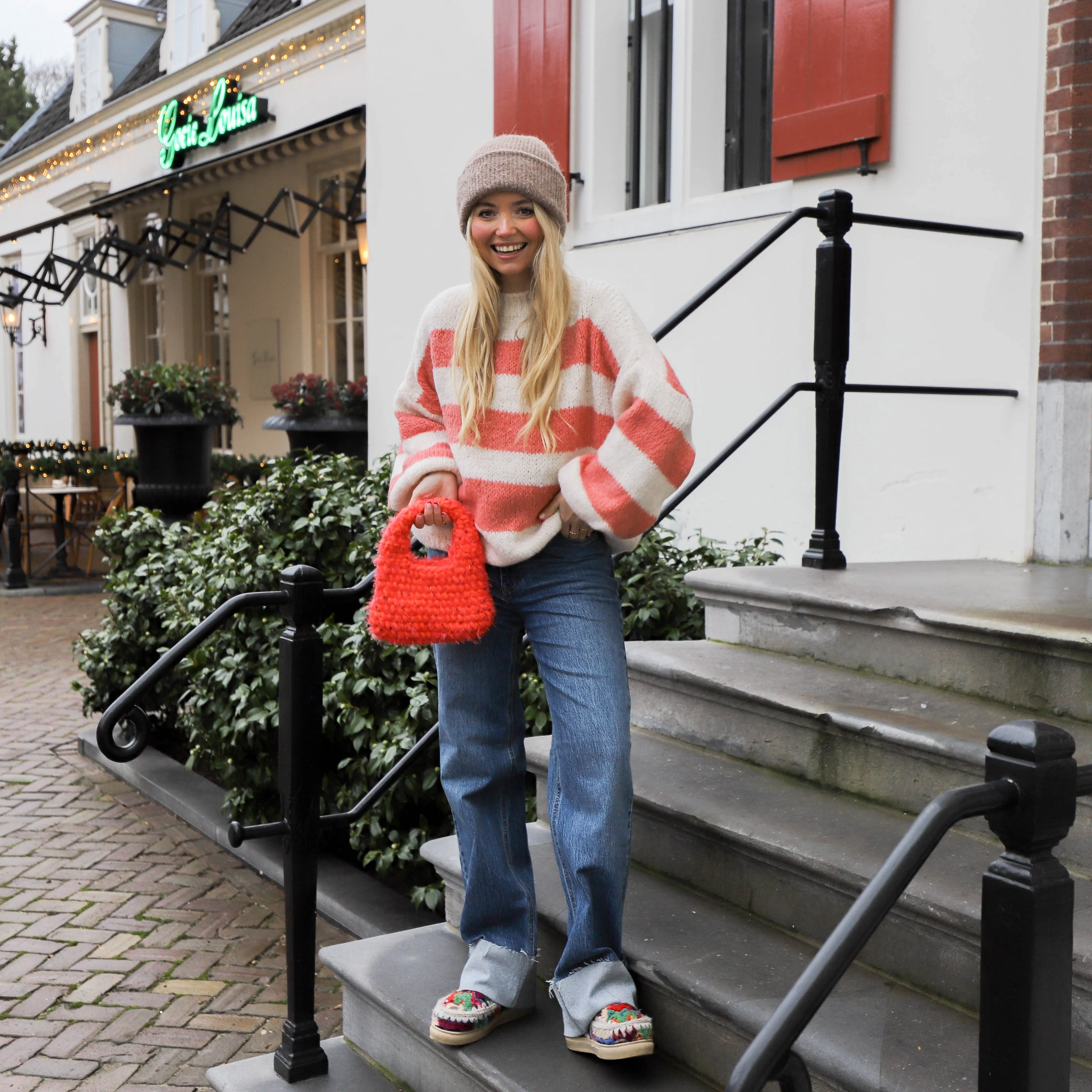 Streep trui Peach wit