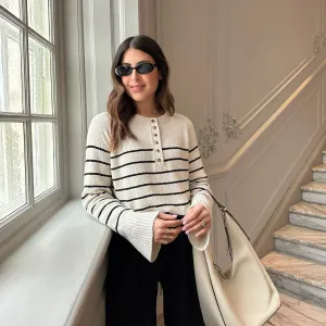 STRIPED HENLEY BOUCLE KNIT - CREAM / BLACK