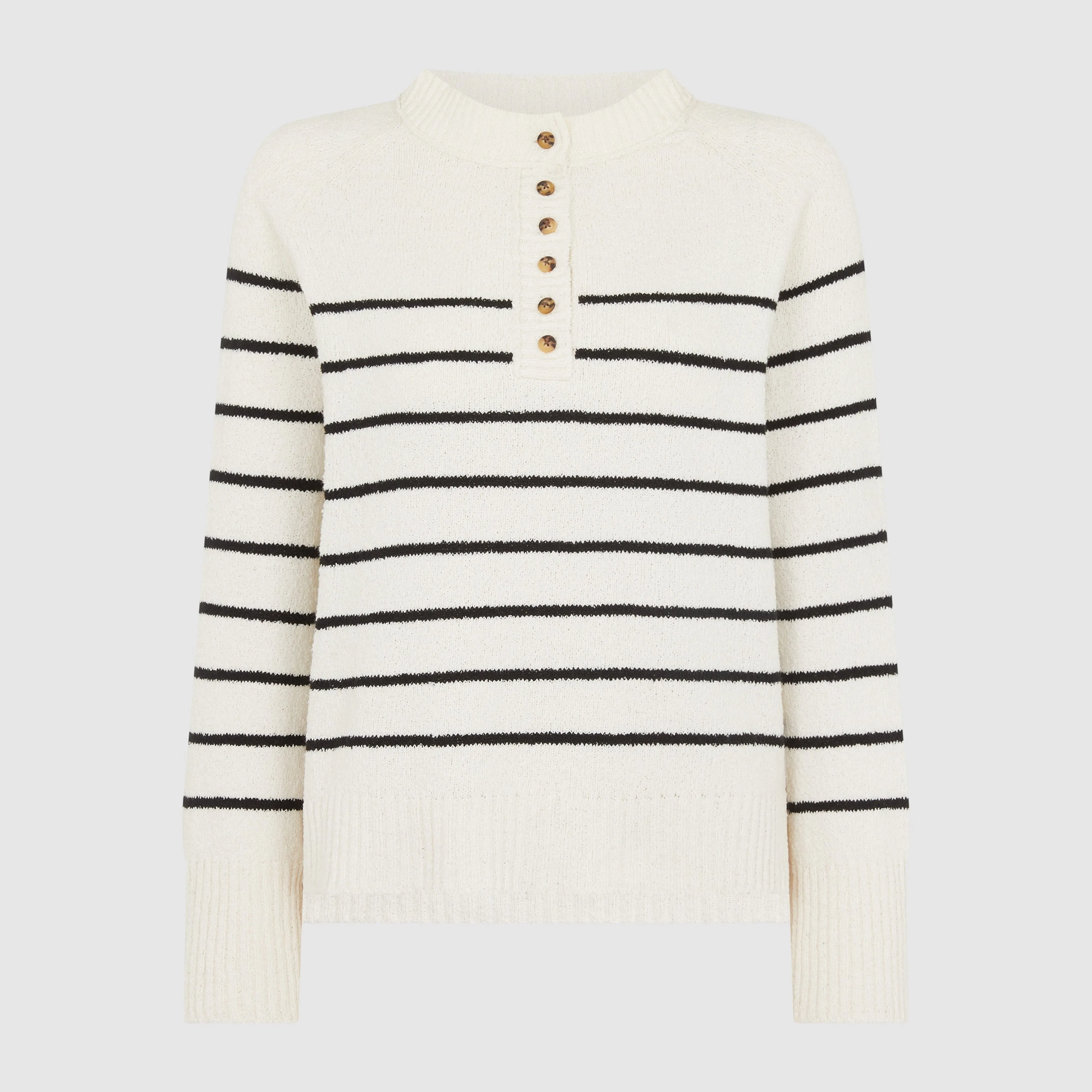 STRIPED HENLEY BOUCLE KNIT - CREAM / BLACK
