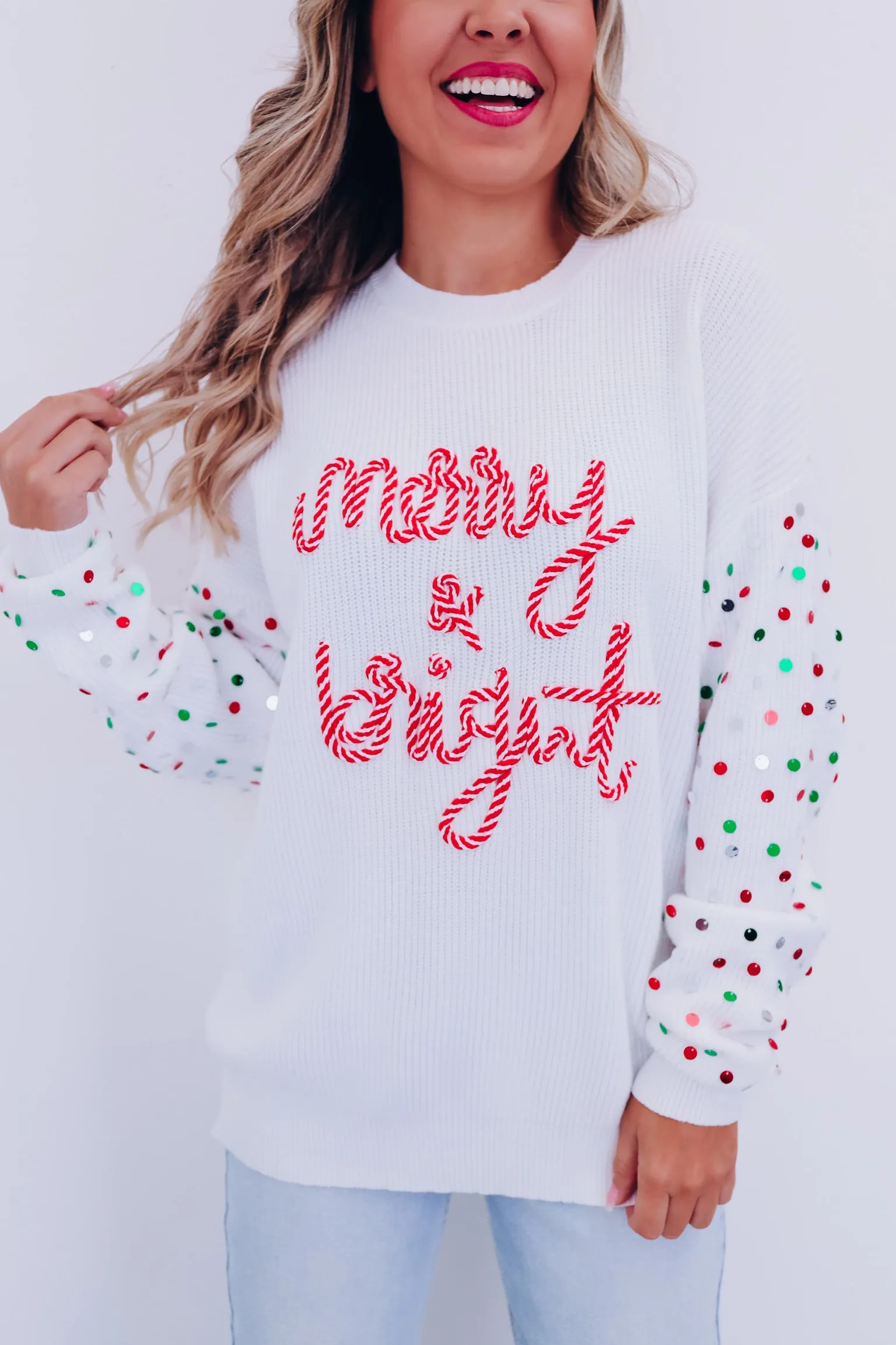 Striped Merry & Bright Sequin Sleeve Sweater- White