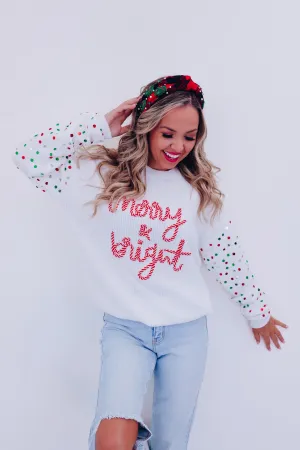 Striped Merry & Bright Sequin Sleeve Sweater- White