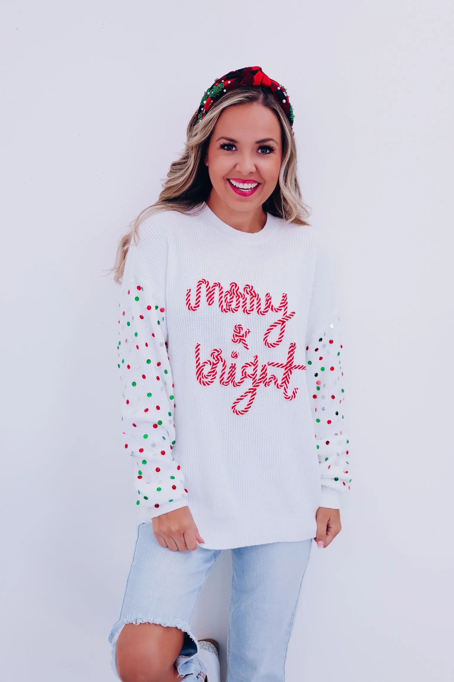 Striped Merry & Bright Sequin Sleeve Sweater- White