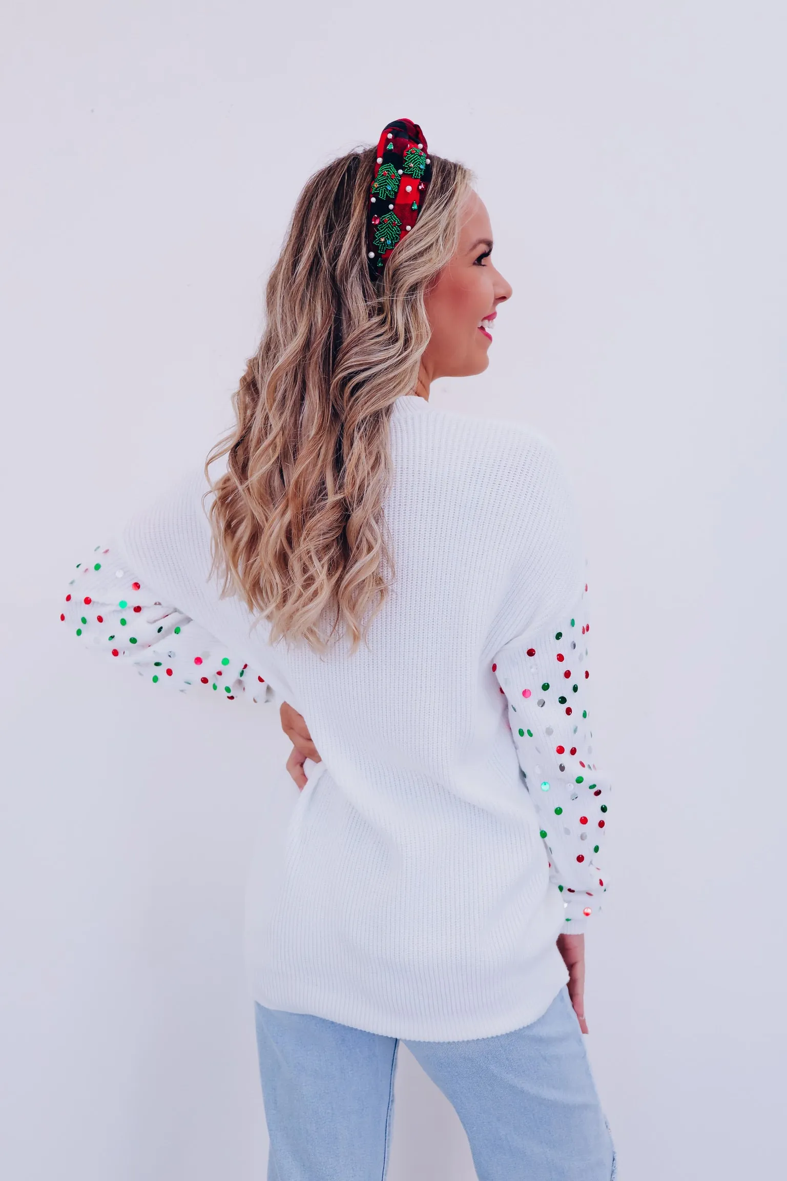 Striped Merry & Bright Sequin Sleeve Sweater- White