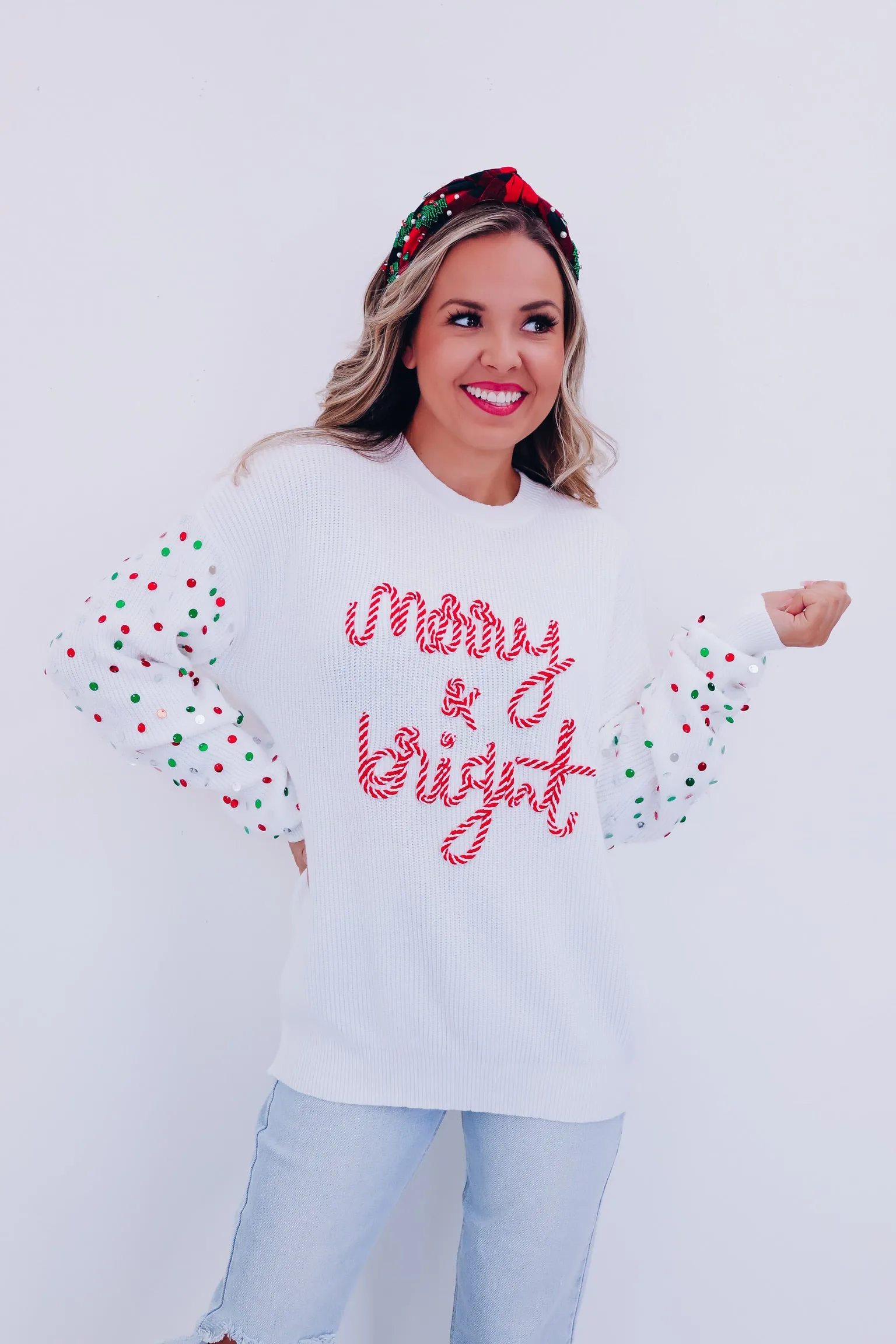 Striped Merry & Bright Sequin Sleeve Sweater- White