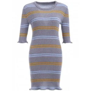 Striped Ribbed Bodycon Sweater Dress - Gray S