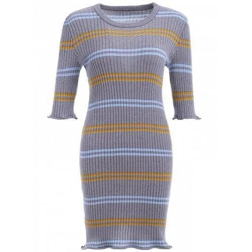 Striped Ribbed Bodycon Sweater Dress - Gray S