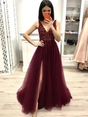 Stylish Burgundy V Neck Tulle Sequins Long Prom Dresses, Burgundy V Neck Tulle Sequins Formal Evening Dresses