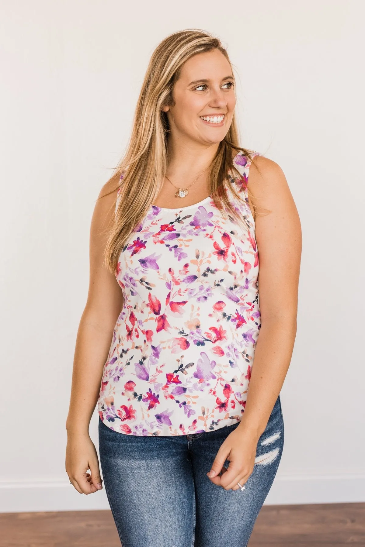 Sunshine & Good Vibes Floral Tank Top- Ivory, Pink, & Purple