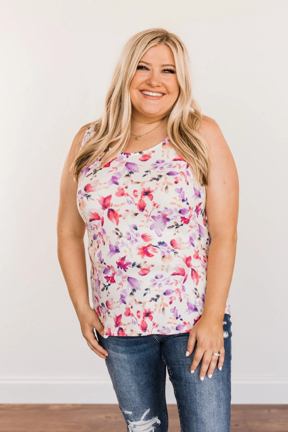 Sunshine & Good Vibes Floral Tank Top- Ivory, Pink, & Purple