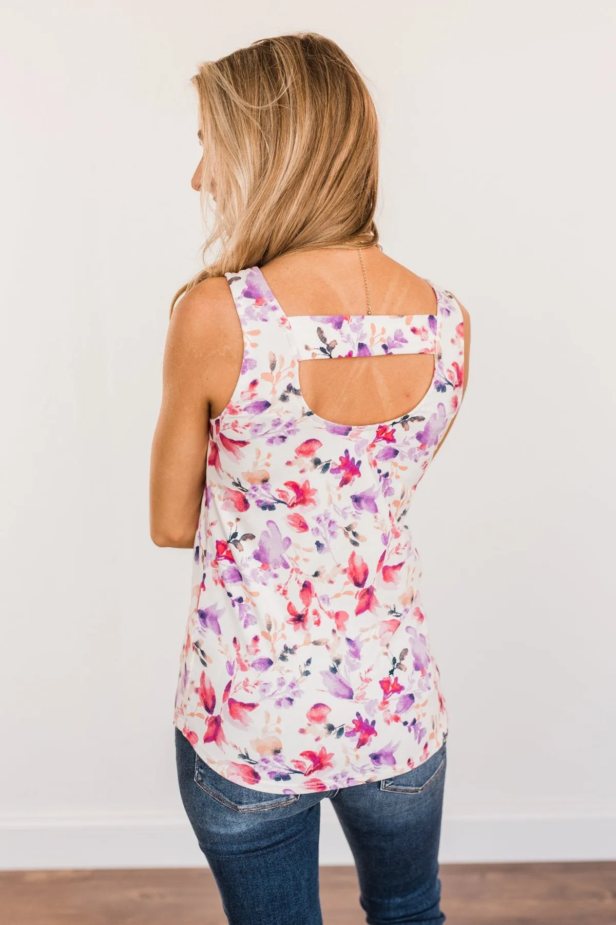 Sunshine & Good Vibes Floral Tank Top- Ivory, Pink, & Purple