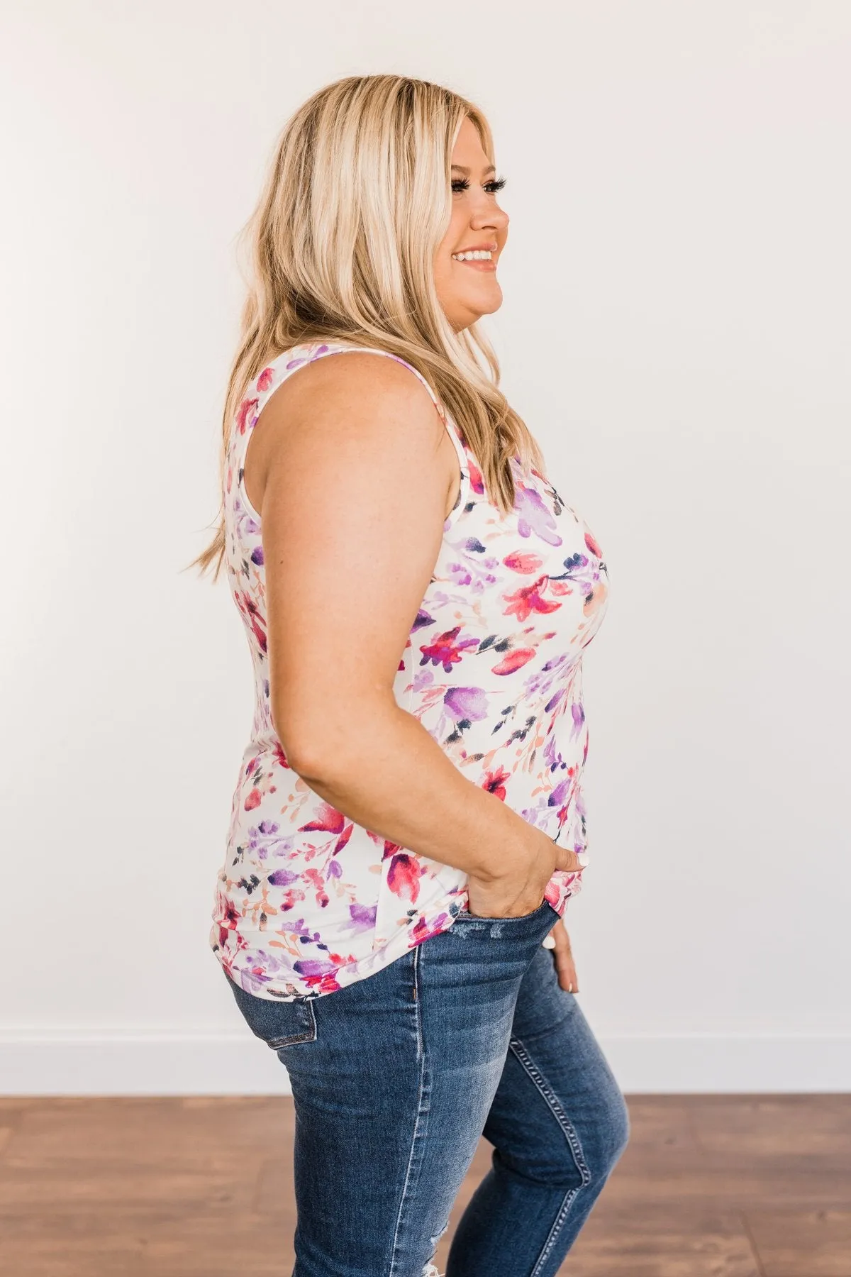 Sunshine & Good Vibes Floral Tank Top- Ivory, Pink, & Purple