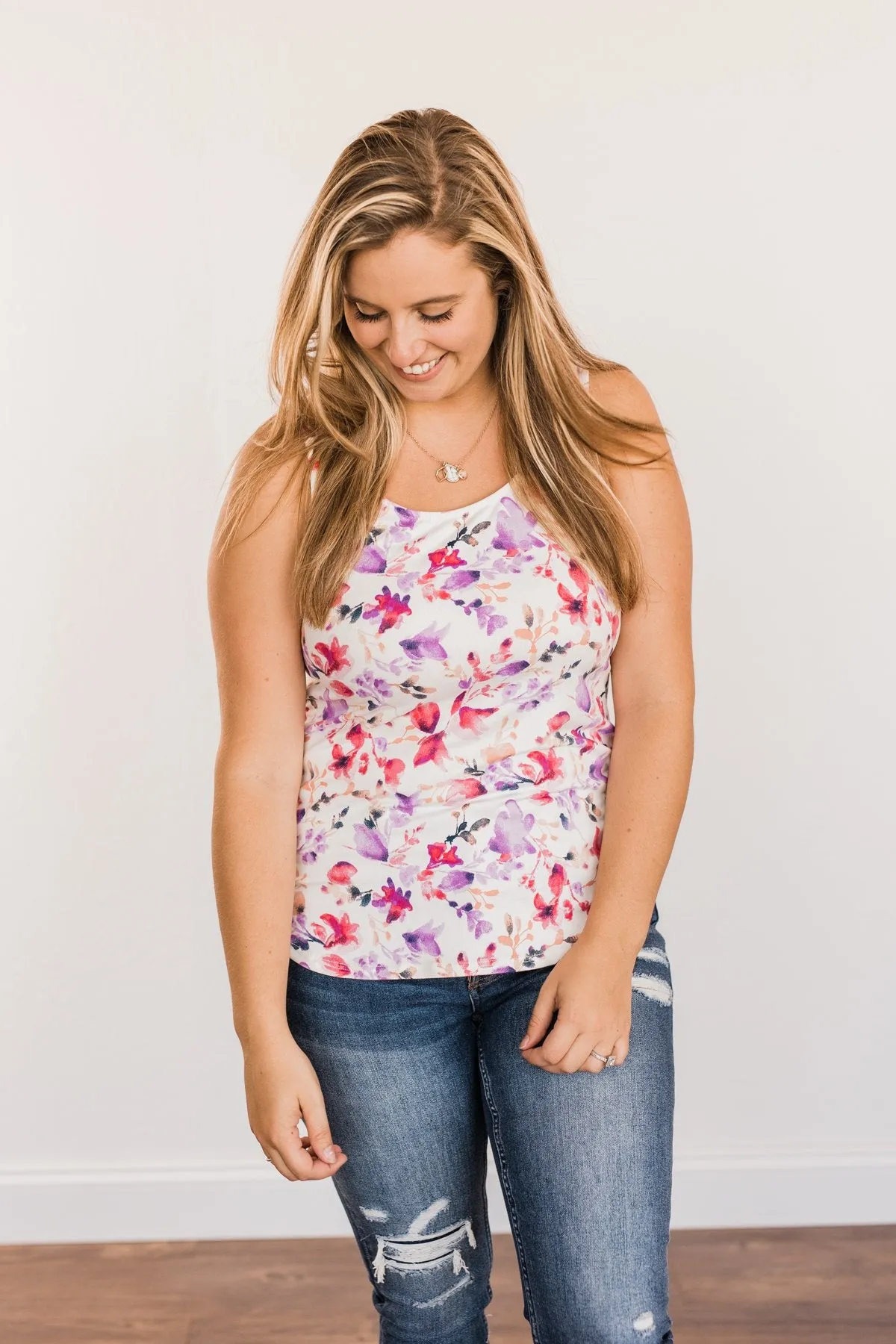 Sunshine & Good Vibes Floral Tank Top- Ivory, Pink, & Purple