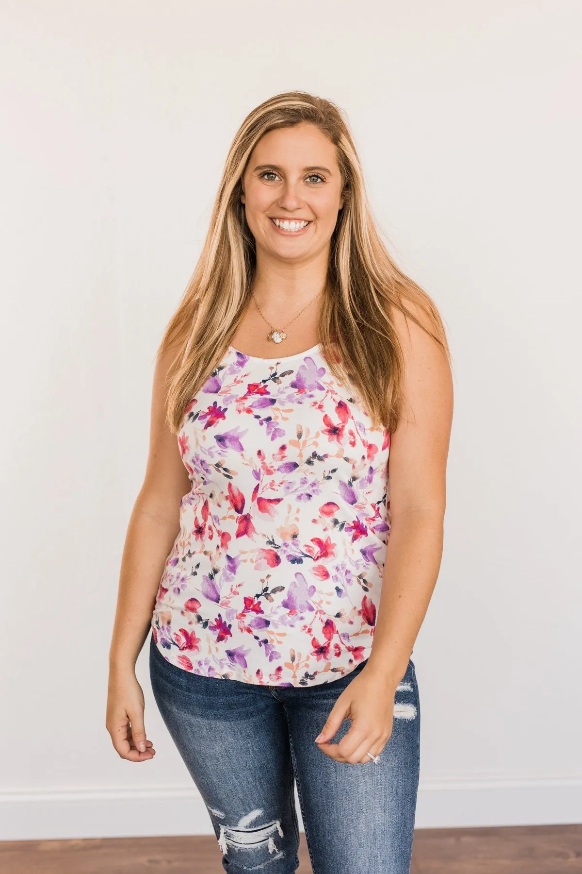 Sunshine & Good Vibes Floral Tank Top- Ivory, Pink, & Purple