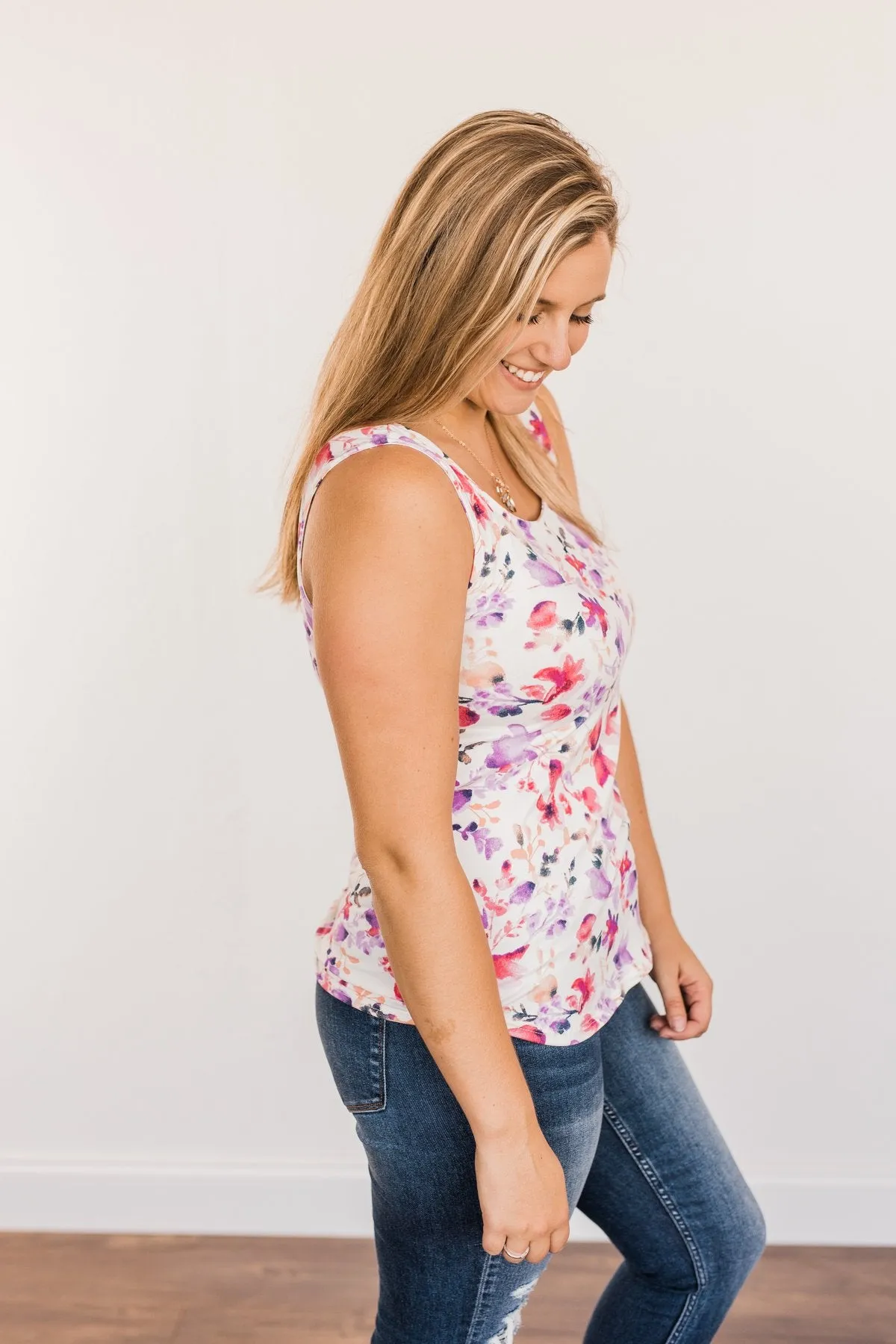 Sunshine & Good Vibes Floral Tank Top- Ivory, Pink, & Purple