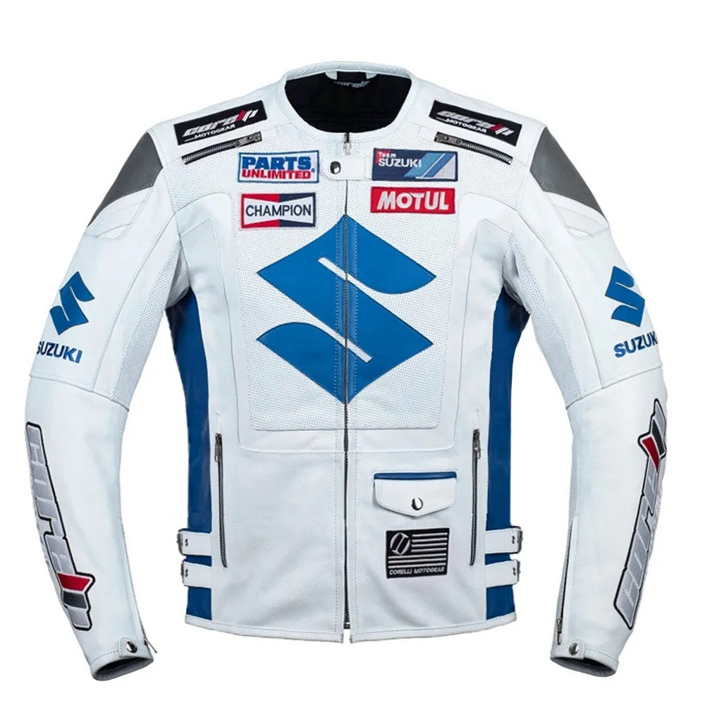 Suzuki White Motorcycle Racing Leather Jacket
