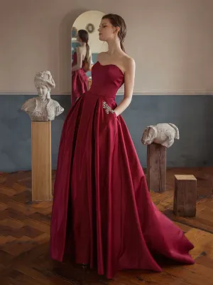 Sweetheart Neck Burgundy Satin Long Prom Dresses with Pocket, Long Burgundy Formal Graduation Evening Dresses