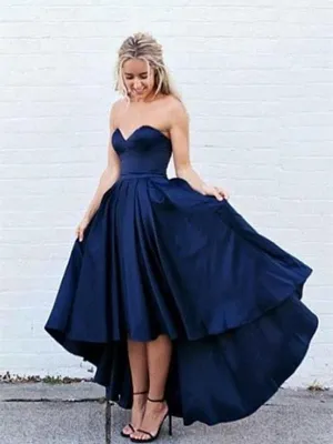Sweetheart Neck High Low Dark Blue Short Prom Dress, Dark Blue High Low Formal Dress, Graduation Dress
