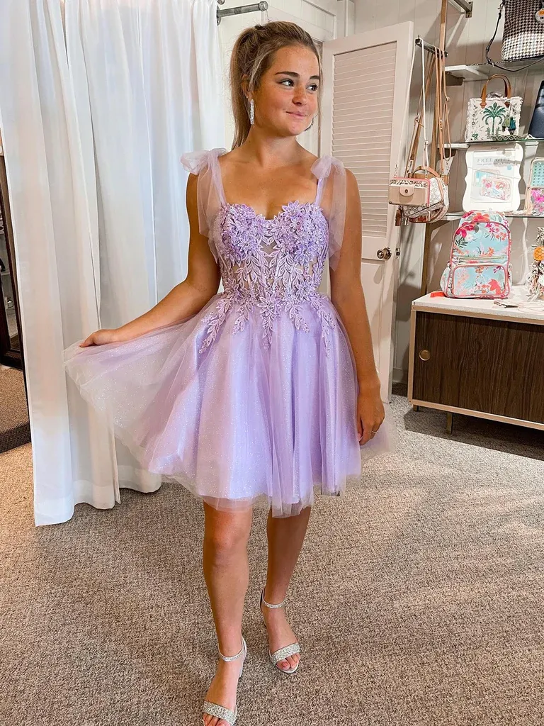 Sweetheart Neck Purple Lace Prom Dresses, Lilac Lace Homecoming Dresses, Short Purple Formal Evening Dresses