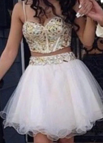 Sweetheart Neck Spaghetti Straps 2 Pieces White Short Prom Dresses, Short Formal Dress, 2 Pieces Graduation Dress, Homecoming Dress