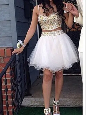 Sweetheart Neck Spaghetti Straps 2 Pieces White Short Prom Dresses, Short Formal Dress, 2 Pieces Graduation Dress, Homecoming Dress