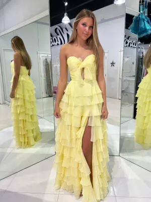 Sweetheart Neck Yellow Layered Long Prom Dresses, Yellow Layered Formal Evening Dresses
