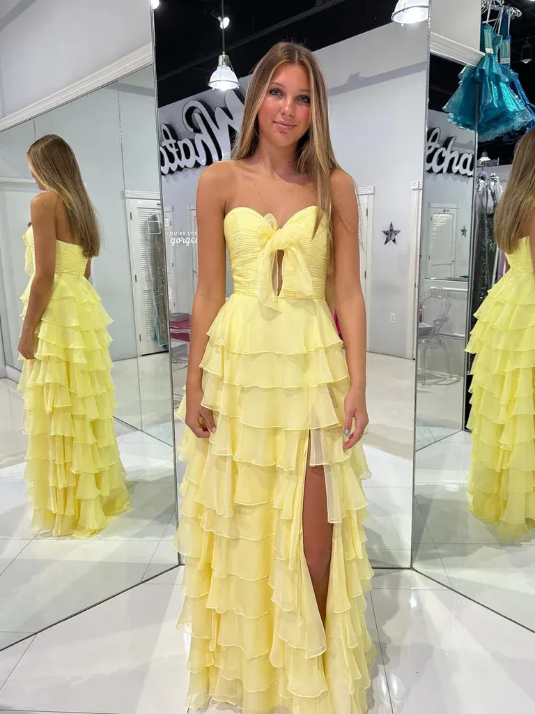 Sweetheart Neck Yellow Layered Long Prom Dresses, Yellow Layered Formal Evening Dresses