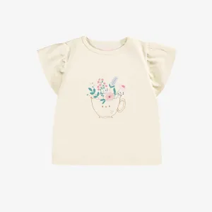 T-shirt crème avec volants et illustration, bébé || Cream T-shirt with ruffles and illustration, baby