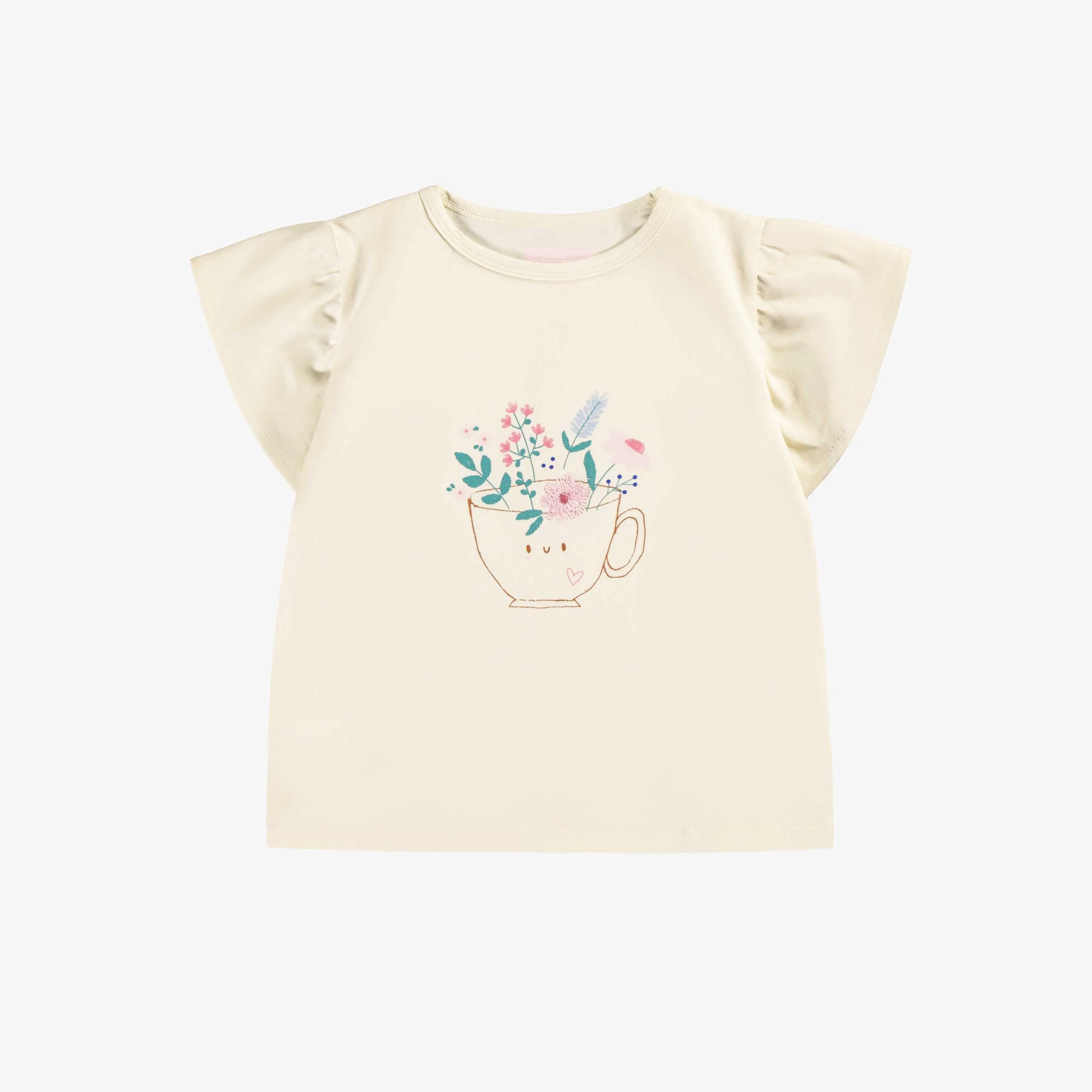 T-shirt crème avec volants et illustration, bébé || Cream T-shirt with ruffles and illustration, baby
