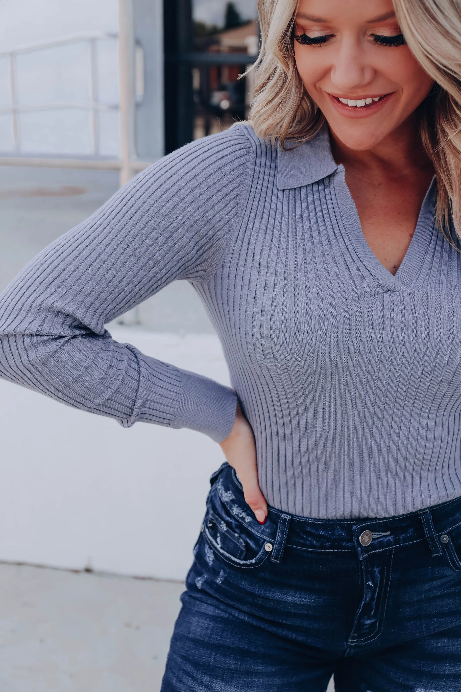 Tender Heart Collared Sweater - Gray