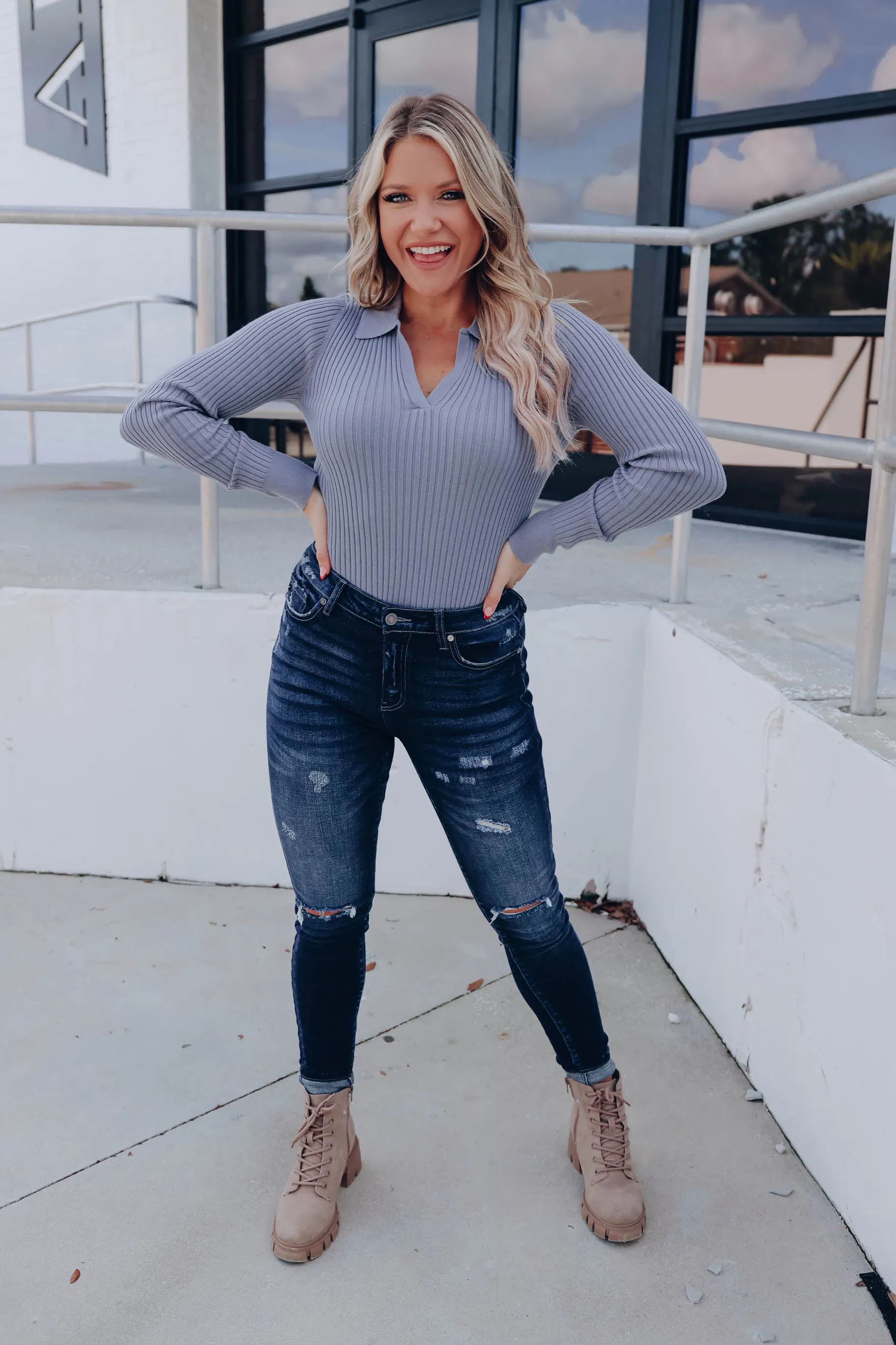 Tender Heart Collared Sweater - Gray