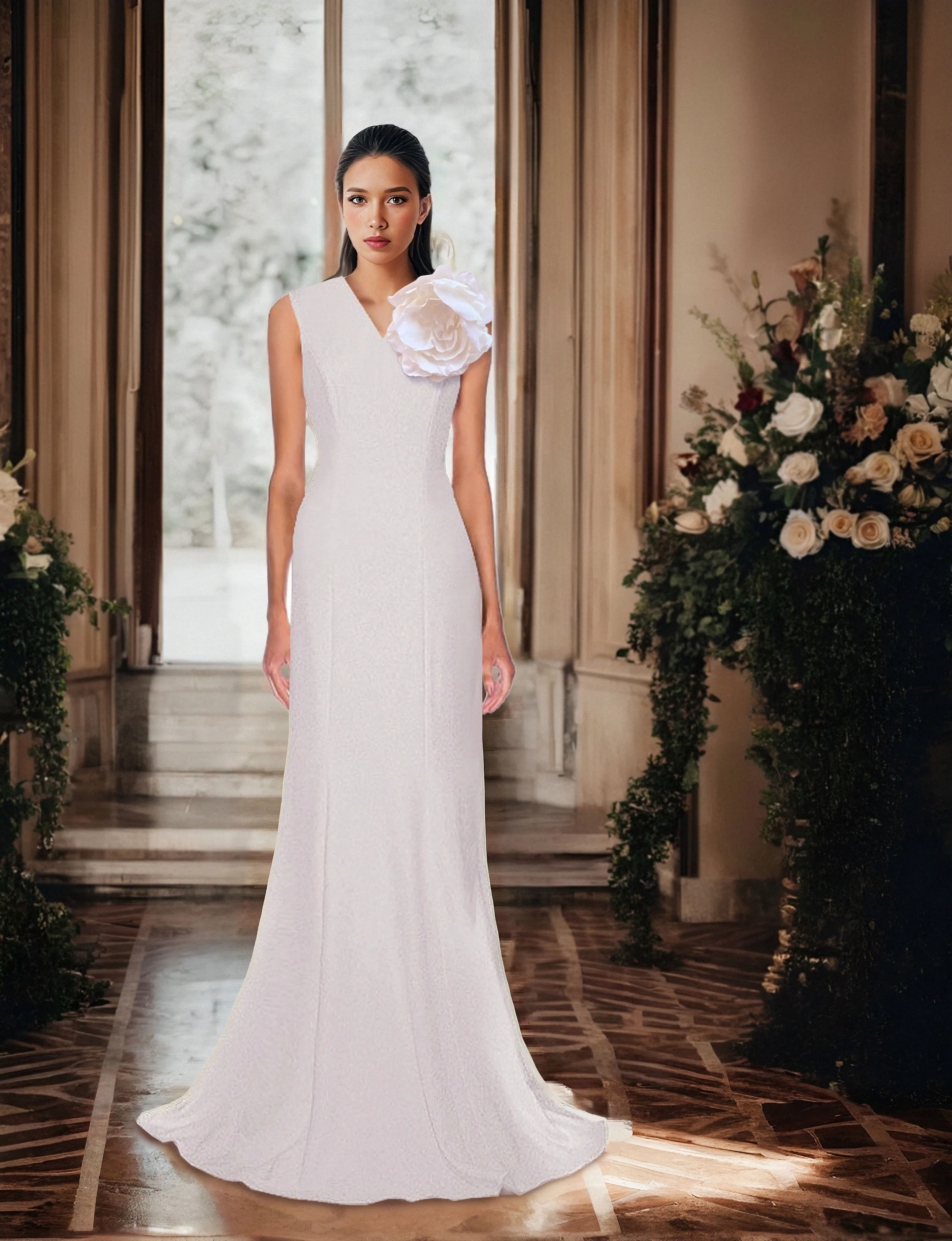 Terra V-Neck Tailored Gown with Statement Flower
