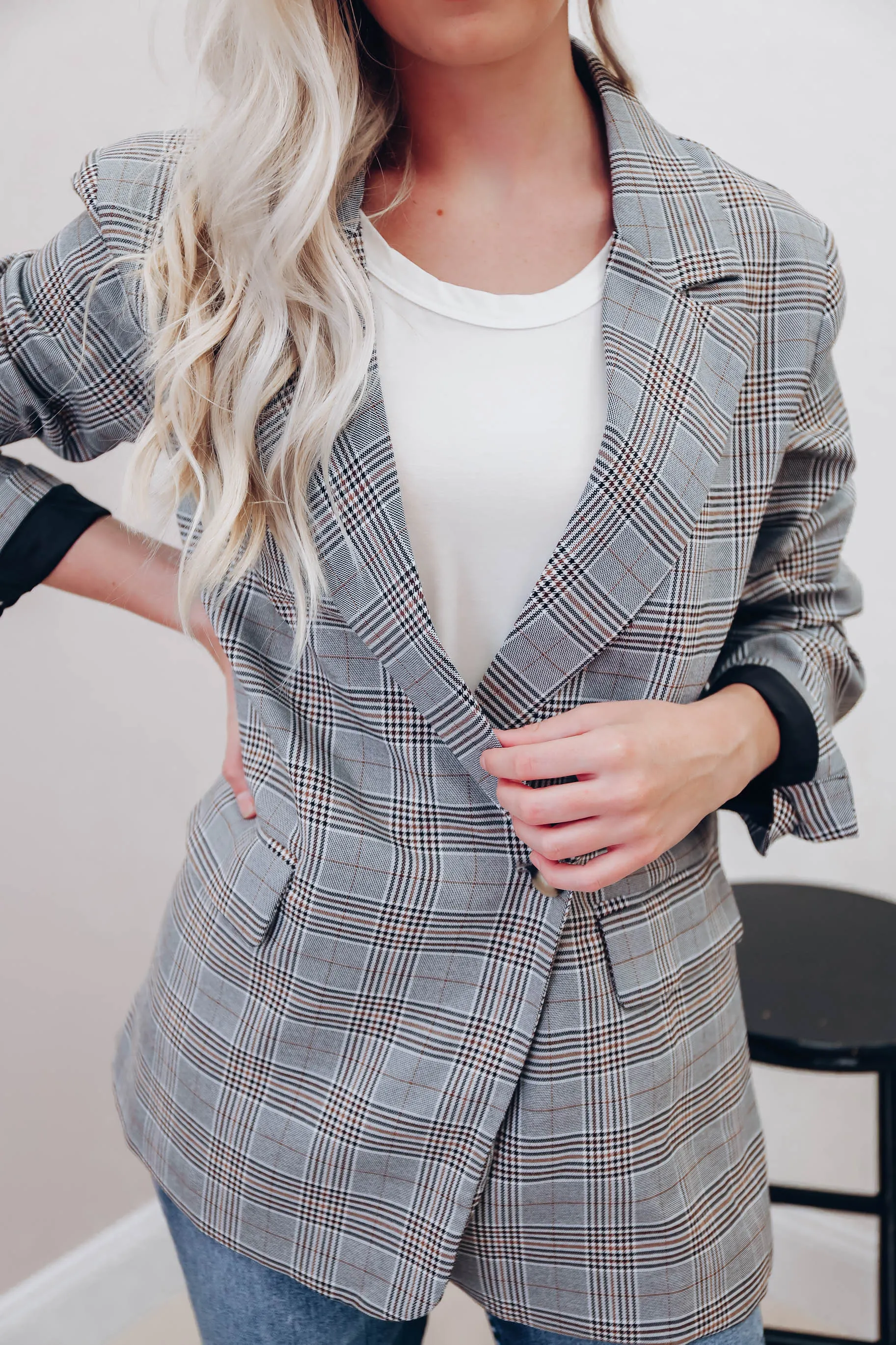 Tess Oversized Grey Plaid Blazer