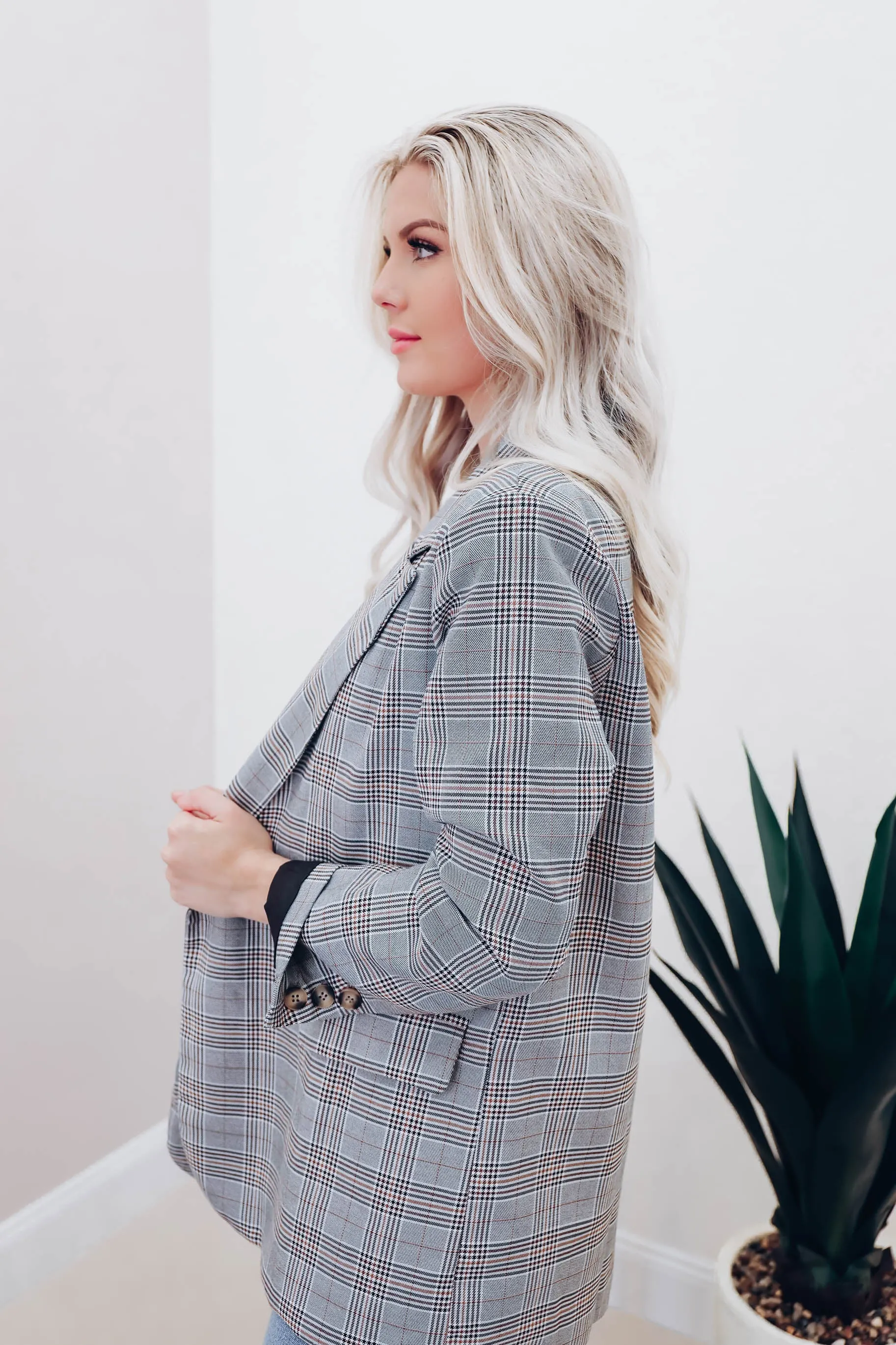 Tess Oversized Grey Plaid Blazer