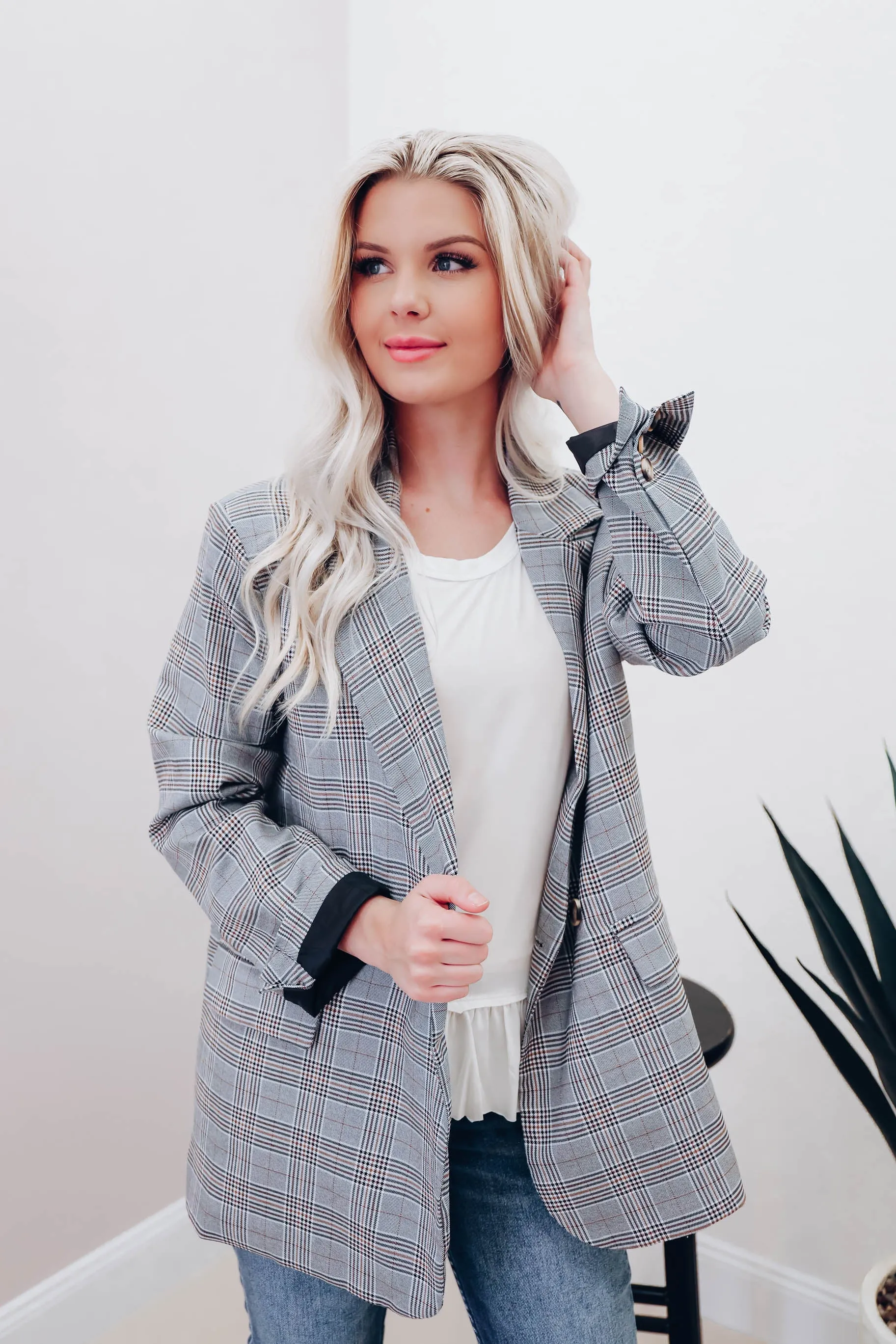 Tess Oversized Grey Plaid Blazer