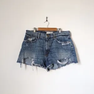 THE GREAT. medium wash blue denim cut off frayed distressed mini jean shorts