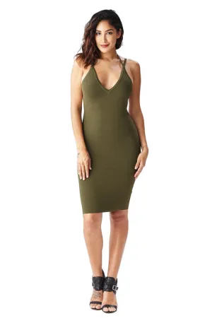 THE MYSTYLEMODE OLIVE RIBBED SPAGHETTI STRAP OPEN BACK MIDI DRESS
