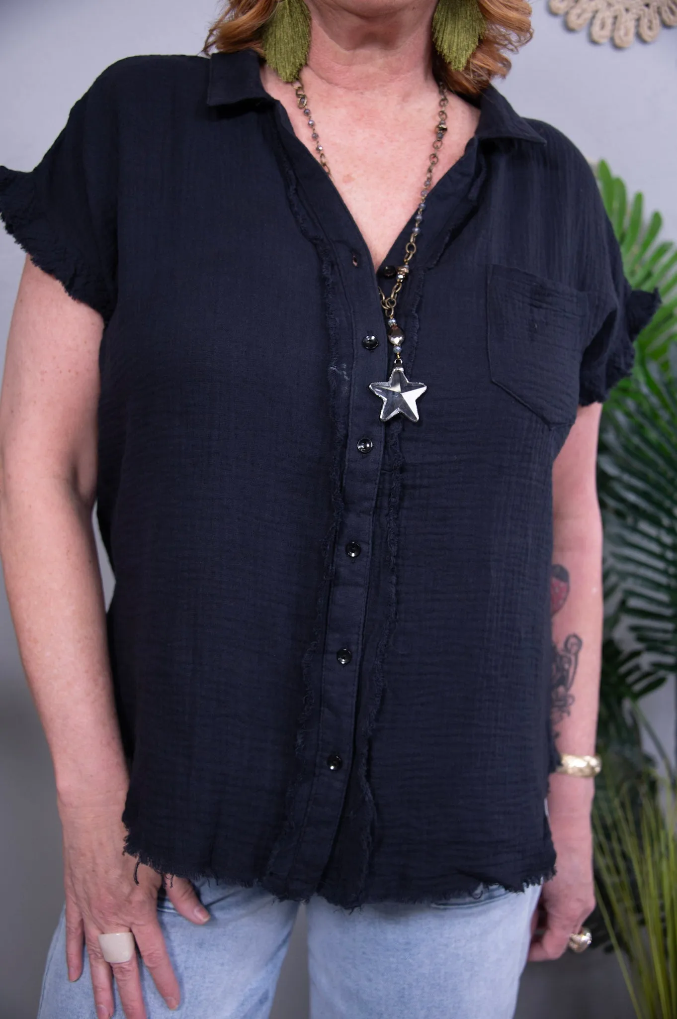 The Solid Way Black Frayed Hem Top