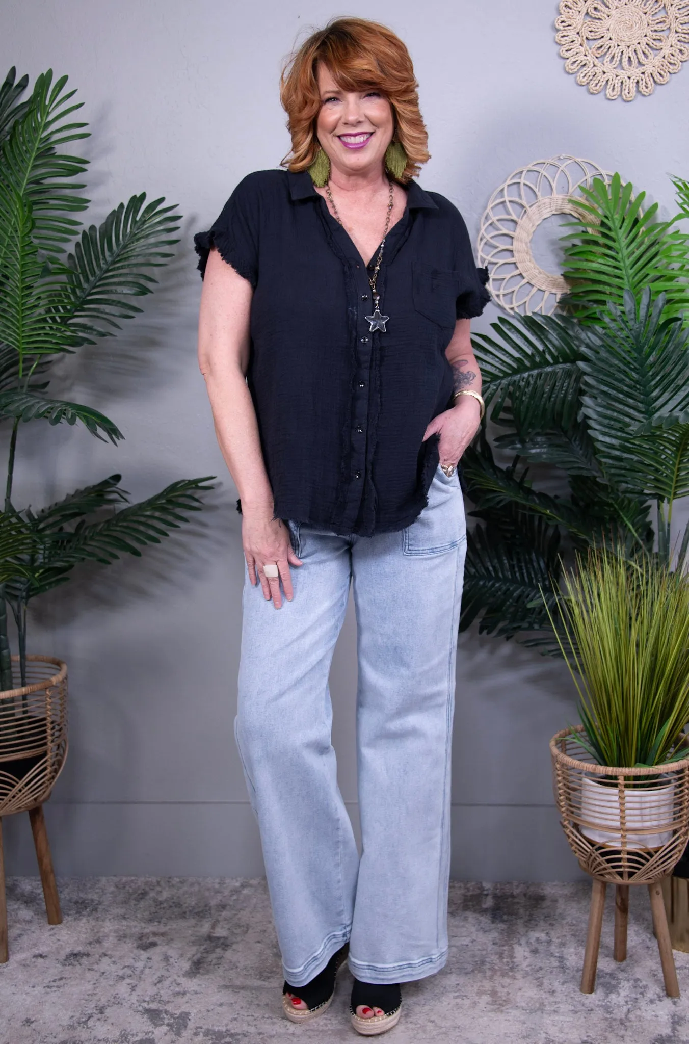 The Solid Way Black Frayed Hem Top