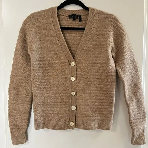 Theory V Neck Button Cardigan Horizontal Rib Knit Paramour Wool Yak Blend Small