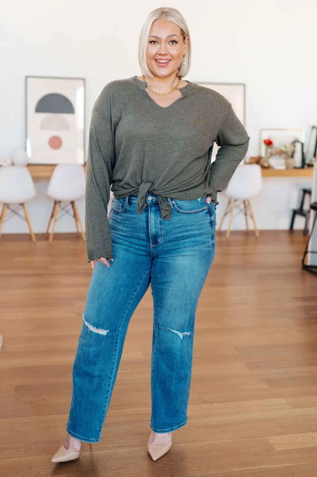 Tie Front Ribbed Knit Top