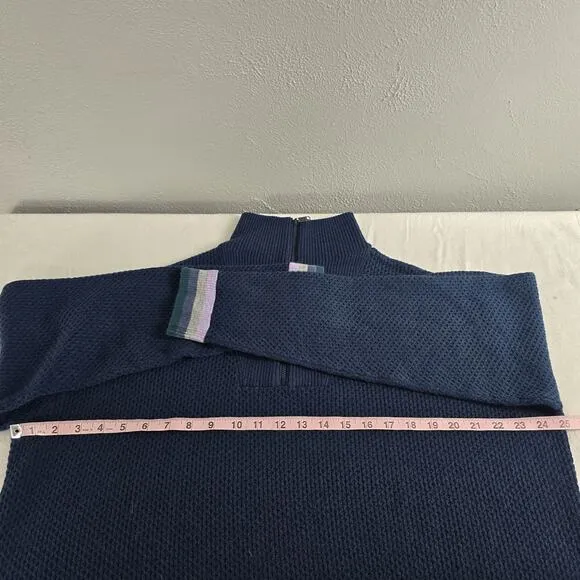 Title Nine Women's Woolicious Waffle 1/4 Zip Striped Merino Wool Sweater Blue XL