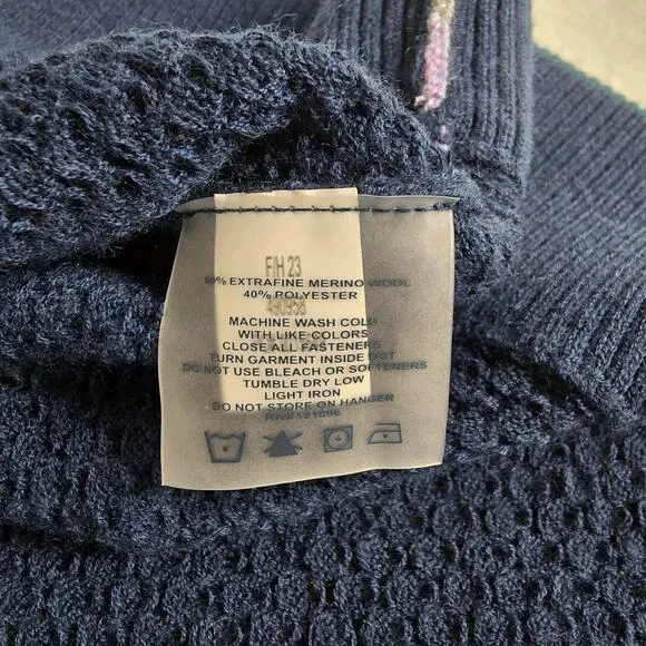 Title Nine Women's Woolicious Waffle 1/4 Zip Striped Merino Wool Sweater Blue XL